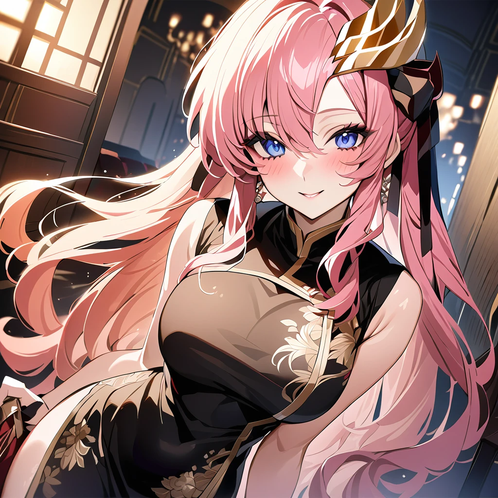 ((Highest quality)), ((masterpiece)), (detailed), （Perfect Face）、The woman is Lacus Clyne, with blue eyes, medium-long pink hair, a hair accessory, and an engagement ring. She is the beloved wife of Orpheus Ram Tao and the queen of the Foundation.、The woman is an evil queen wearing a black vintage Chinese dress with gorgeous gold embroidery and trim and lavish accessories.