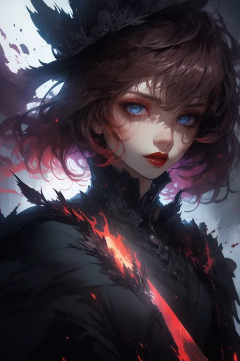 A woman with red hair, black eyes, pink lipstick, tan skin, holding a bloodstained sword, dramatic lighting, dark fantasy style,...