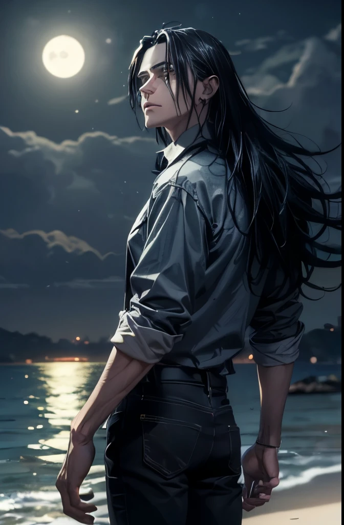 (masterpiece,best quality,4k,8k,absurdres:1.2),sharp and clear, 1boy, Long messy black hair,intense glowing Black eyes,moonlight, wearing black button down and skinny jeans,standing outdoors looking up at the moon,melancholy,adult man 25 years old, very handsome ((same eyes)) ((Seaside))