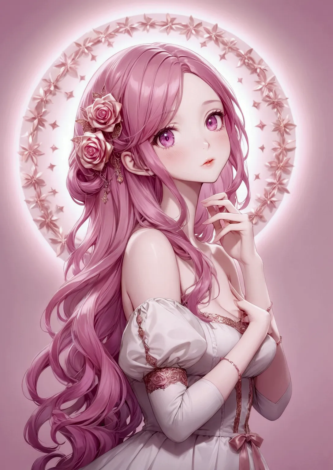 Adorable fair skinned pink haired magenta eyed European and slender young woman pink gold rose gold color theme