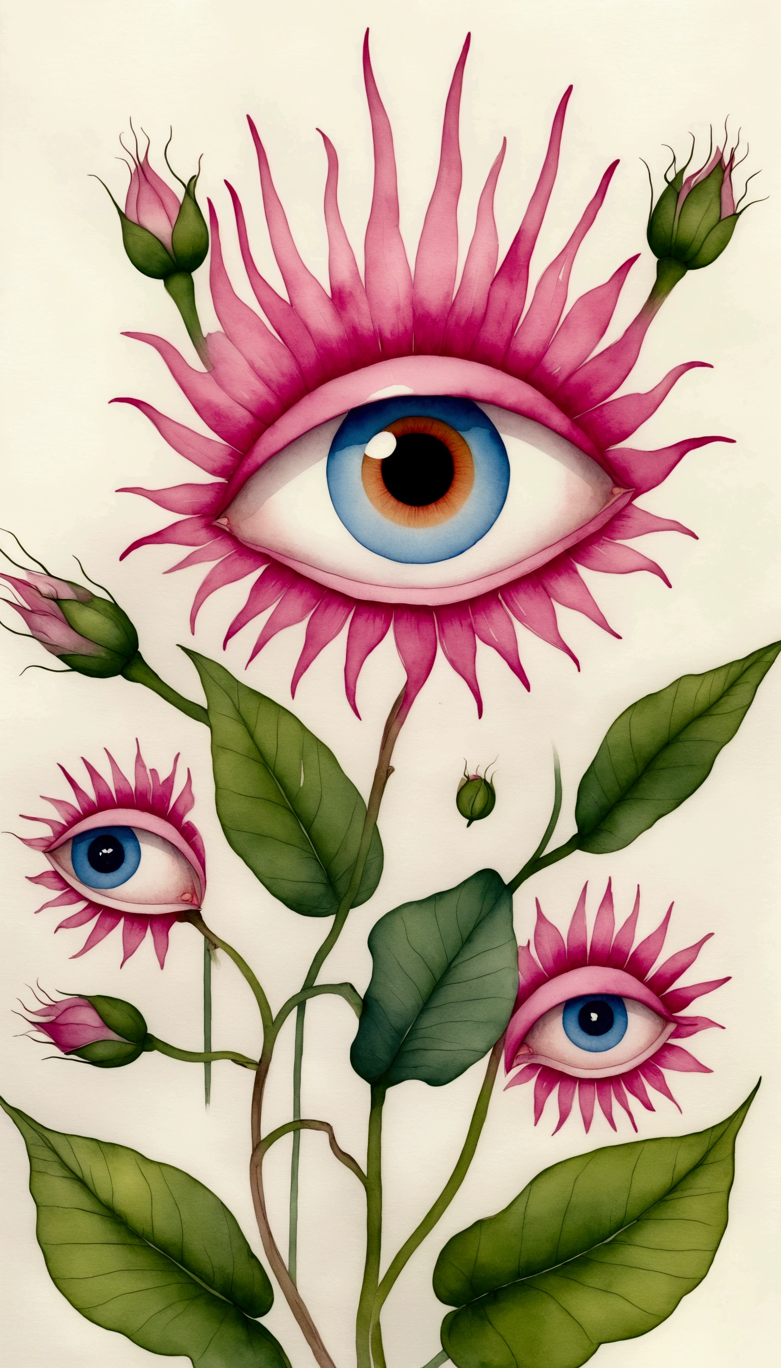 Bizarre plants，(((eye：1.37)))，pink，Neat line drawing，Pen line outline，Exquisite lines，Intricate details，watercolor，Elegant colors，vintage style， format as coloring book page
