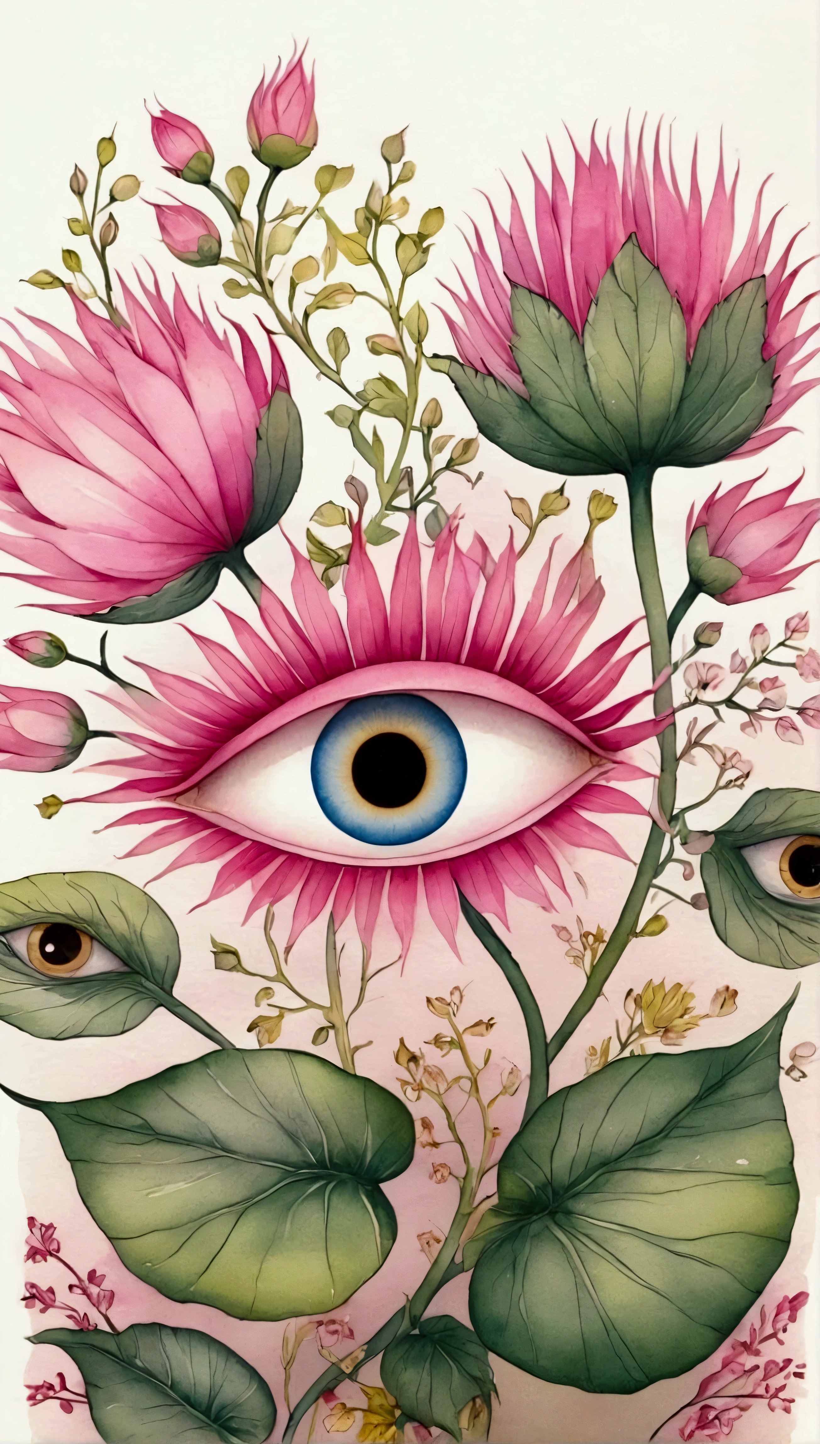 Bizarre plants，(((eye：1.37)))，pink，Neat line drawing，Pen line outline，Exquisite lines，Intricate details，watercolor，Elegant colors，vintage style， format as coloring book page
