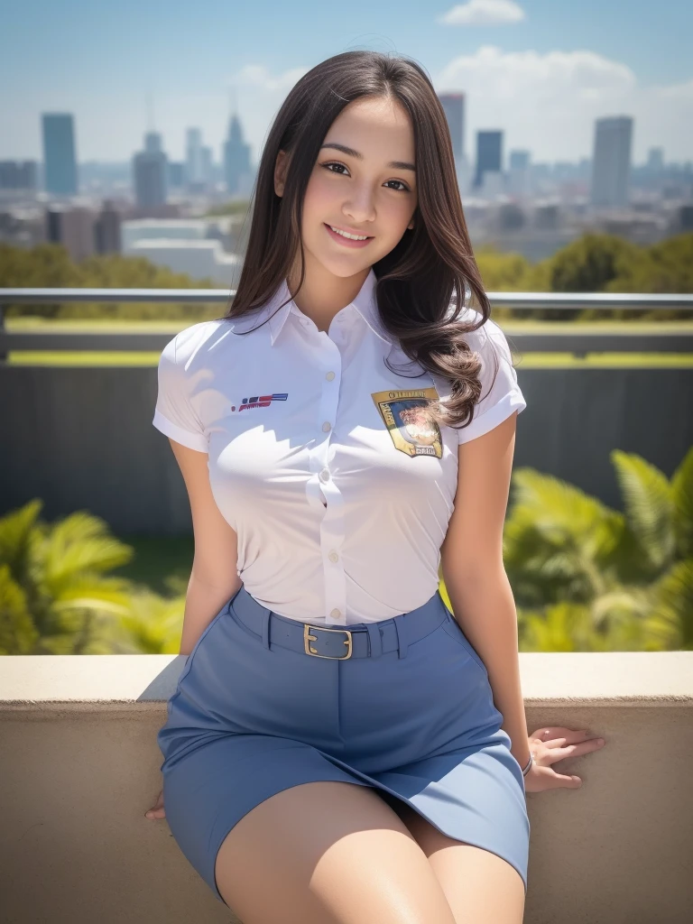 1girl, solo, (uniform), detailed Metropolitan city at the background, above head, thick breasts, semi-curvy body, Sixpack abs, little smile, smooth realistic skin, tight white shirt, grey blue short skirt, looking at the audience, high angle shot,(8k, RAW photo, best quality, masterpiece: 1.3), (realistic, realistic: 1.37), ultra-high resolution, cowboy shot