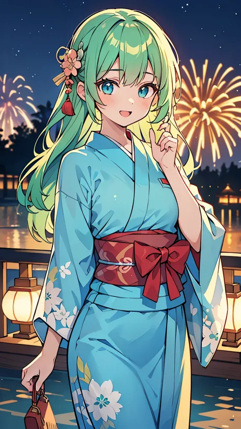 ((A Pretty girl with green hair and blue eyes)), ((wearing the Japanese yukata)), Baby face, ((top-quality, master piece, ultra-definition, high resolution)), anime girl, ((ultra-detailed illust:1.2)), only one person, bangs, hair between eye, beautiful hair, Beautiful eyes, medium breasts, Big smile, opened mouth, outdoor, night scape, fireworks