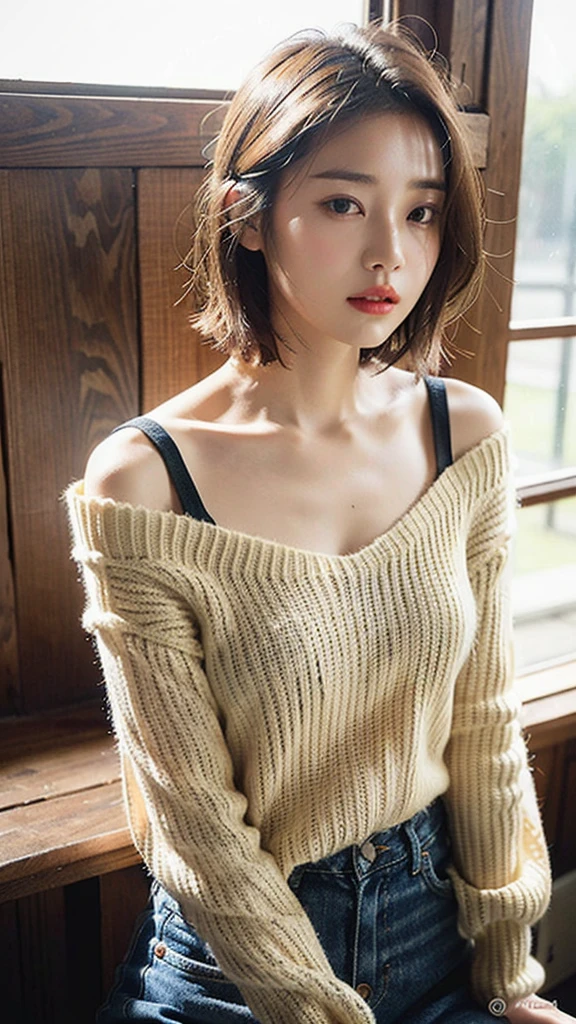 (Best Quality, 8k, 32k, Masterpiece, UHD: 1.2), Cute Japan Woman Pictures, Big Breasts, Very Short Bob Hair, Upper Body, Face Focus, oversized_sweater, Necklace, Simple Background, From Above, Look at the Viewer, Beige Off-Shoulder Knit, Openwork Knit, Big, Disheveled Hair, Xiyang, Backlit, Xiyang Leaking Through Hair, 1 person, Standing in an antique café, Saiyo leaking through the window