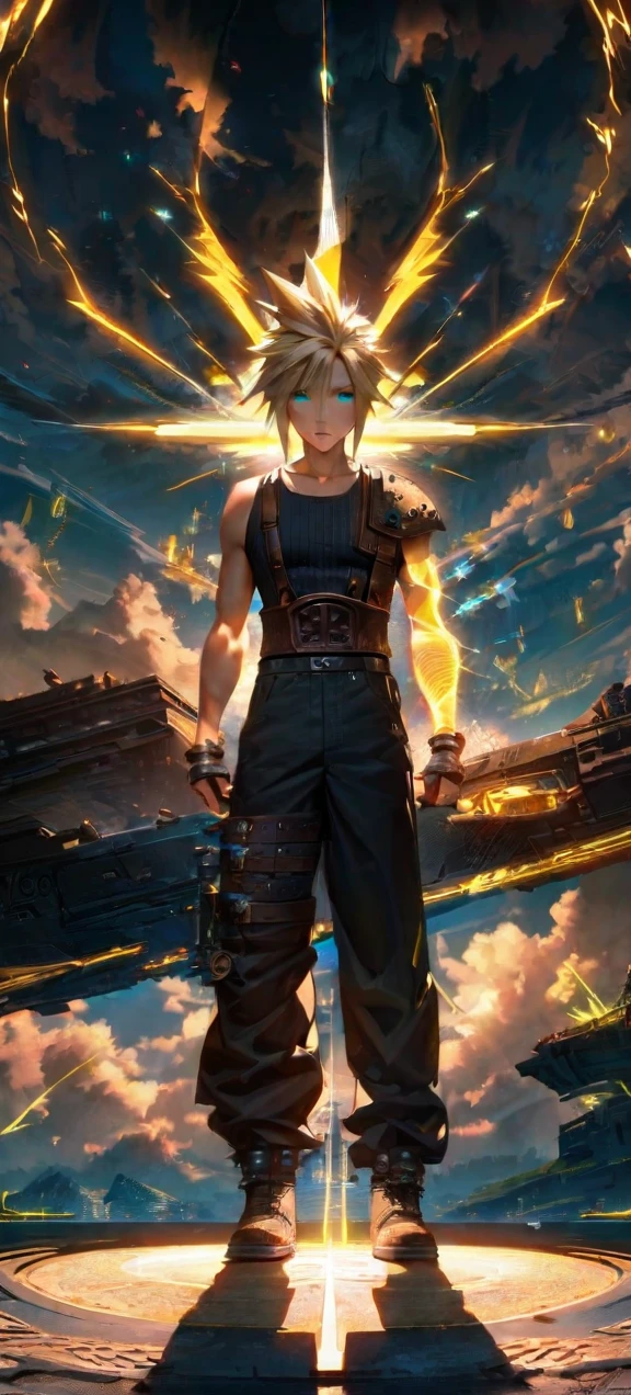 Symetrical,absurdres, highres, ultra detailed, HDR, masterpiece, extremely detailed face and eyes, Cloud Strife,final fantasy 7, yellow hair , , solo, man, handsome, ,, , cool pose, yellow lightning effect, glowing glitters, symetrical , full body view