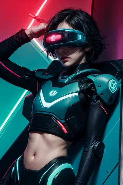 best quality, head-mounted display,
(1 boy), twink, exposed belly, surrounded by azure neon, short black messy hair, short black...