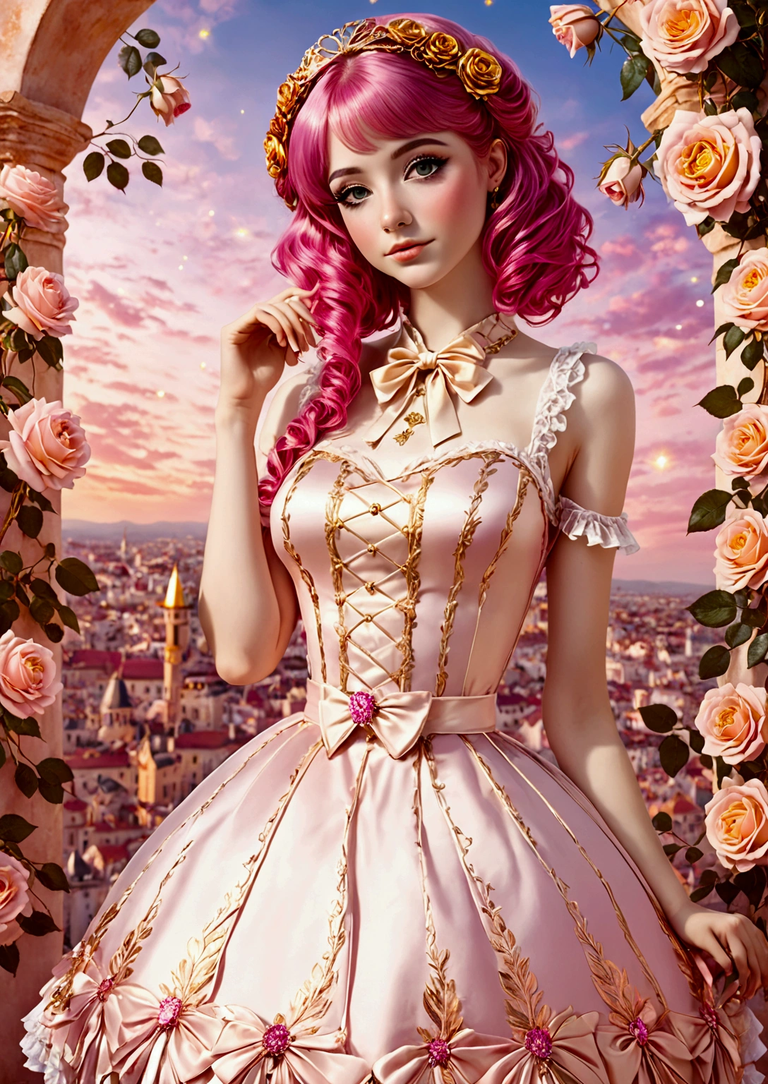 Adorable fair skinned pink haired magenta eyed European and slender young woman pink gold rose gold color theme