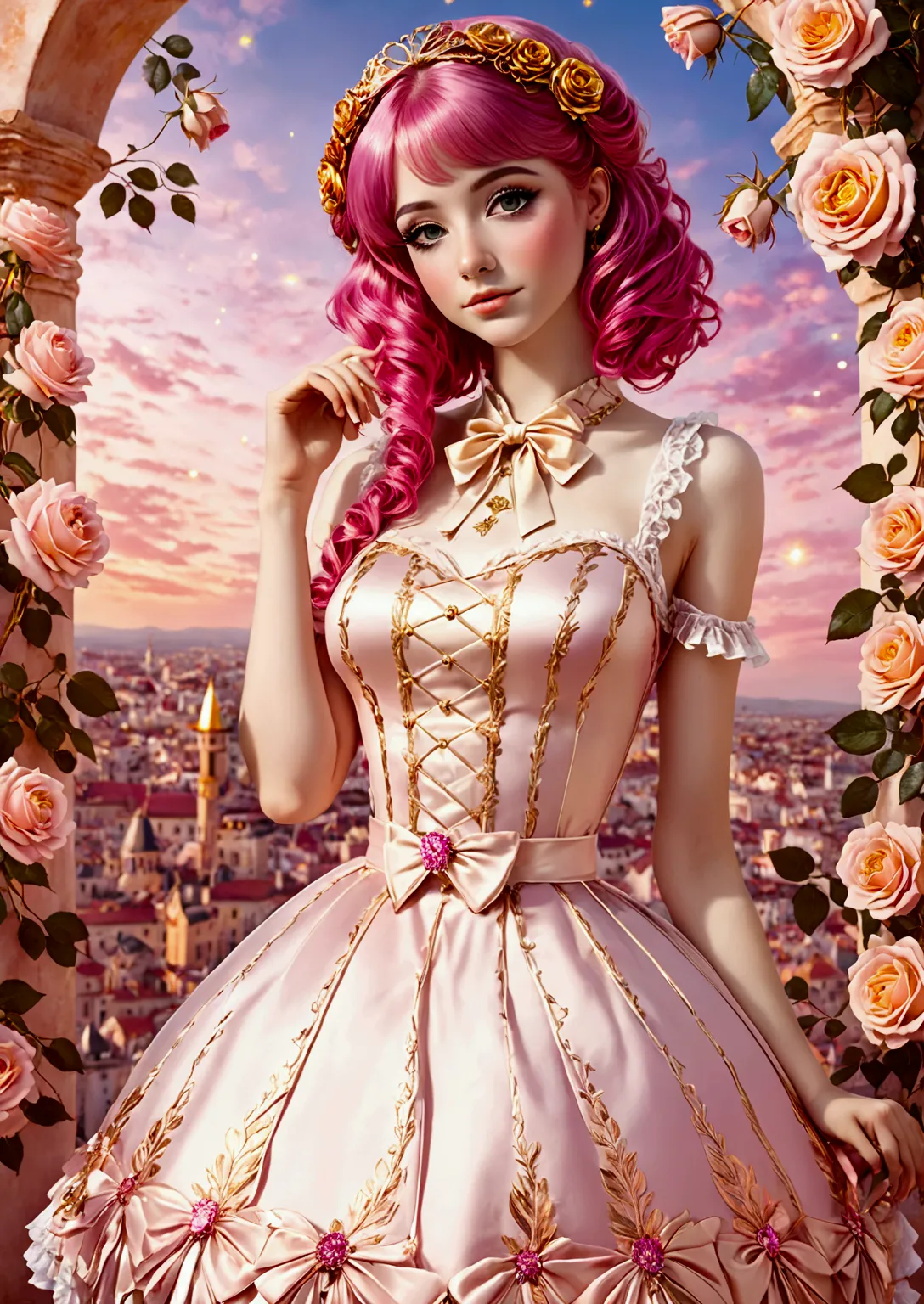 adorable fair skinned pink haired magenta eyed european and slender young woman pink gold rose gold color theme