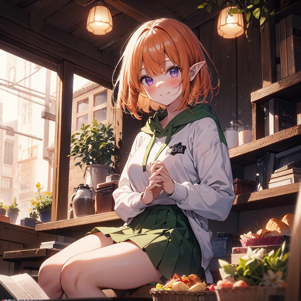 Table Party, (Remember,Food on the table:1.3),(picnic:1.3),Basket on the table, Elf Ears, Highest quality,Best image quality,Perfect Anatomy,masterpiece,Very detailedな,beautiful,super high quality, Highest quality,High resolution, Very detailed,Game CG,Dutch Angle ,beautiful細部までこだわった目,Visual Arts,Five Fingers, Perfect hands,Hide your hands, {{{One Girl}}}, beautiful詳細な女の子, Game CG, Spring flower, One curl on the outside, Short Bob Hair, Pastel orange hair, Purple eyes,Stylish accessories solo, Breast augmentation, Medium Shot, woman, Take-out, Laughter, Huge ,,Pastel green checkered mini skirt,Black Knee High, {{{{{Wearing a pastel green hoodie}}}}},Open your mouth, wonderful, beautiful細部までこだわった目, Highest quality, Very delicate,Masseter region,Highest quality,(Official Art、Highest quality、unity 8k wallpaper、32K、masterpiece、Very detailedな、超High resolution、Realistic、Realistic:1.2)、(Cinema Lighting:1.2)、Fire glow effect、The most grainy shadows on the film、Side light、Side Shot、(Very detailedなで複雑な3Dレンダリング)、Atelier Series,