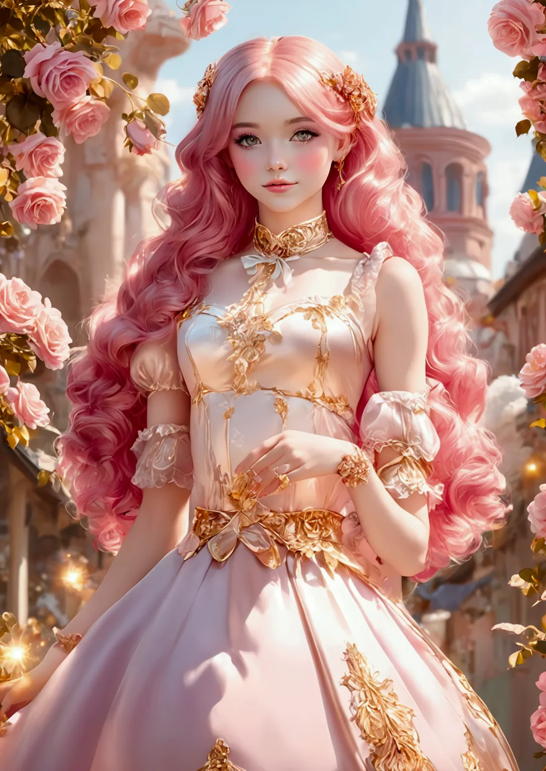 adorable fair skinned pink haired magenta eyed slender european young woman pink gold rose gold color theme