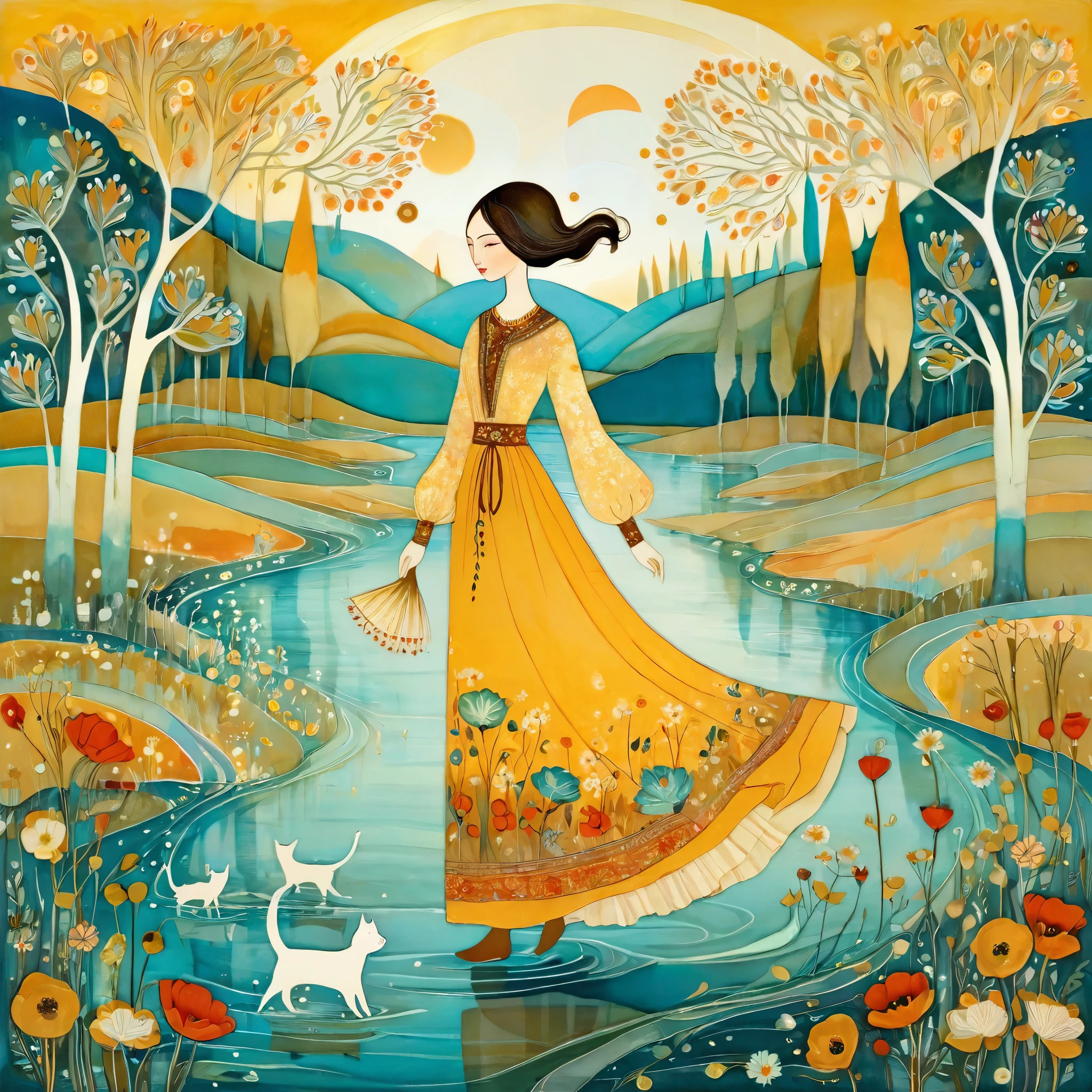 In the style of Albena Vatcheva. Stylized figures. Ethereal woman, wearing a wide skirt with flower and leaf motifs, walks on the waters of a river, on the banks of the river turquoise cats walk. In the background mustard-colored sunshine, hills, birch trees, poppy flowers and blooming dandelions.