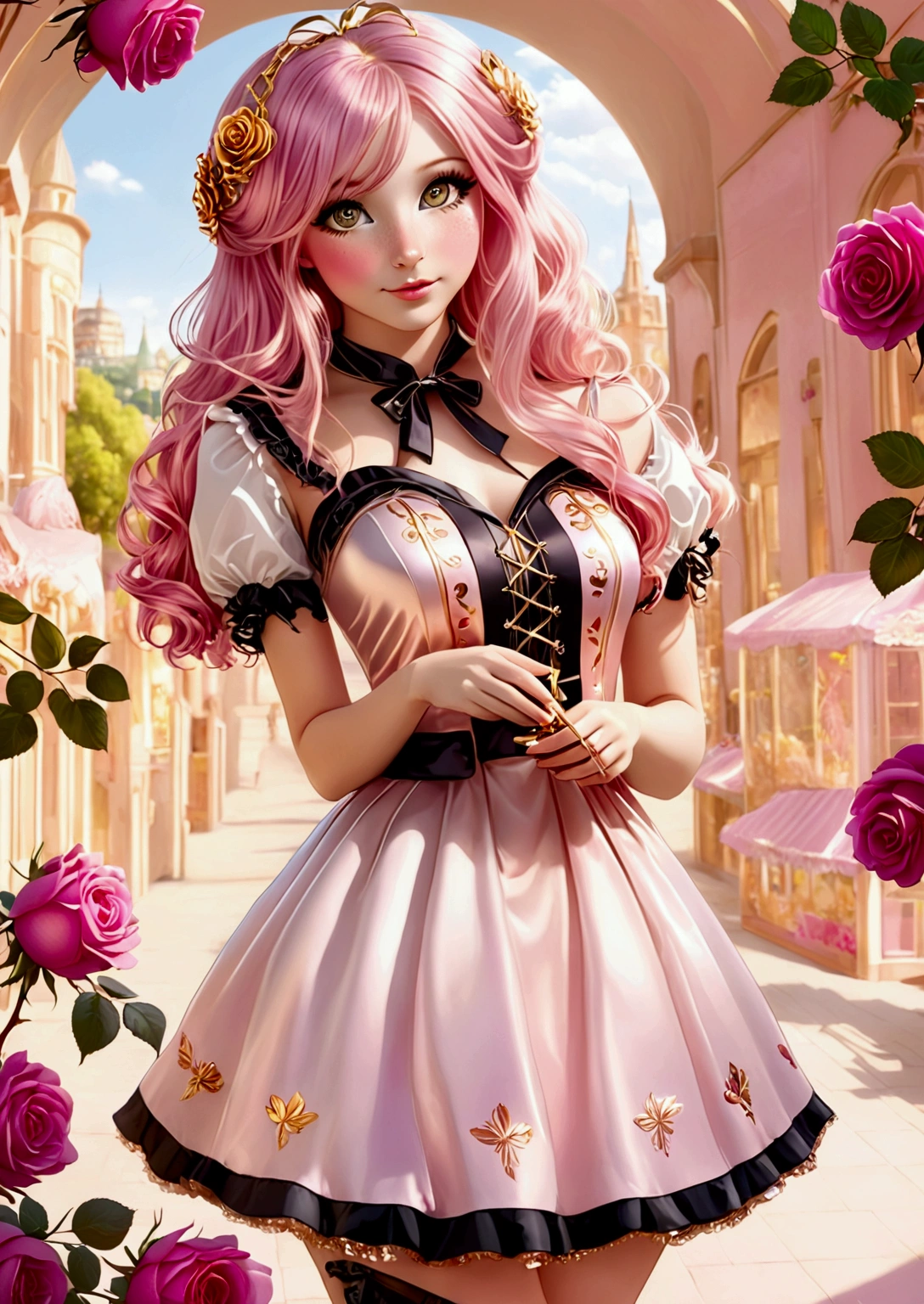 Adorable fair skinned pink haired magenta eyed slender European young woman pink gold rose gold color theme