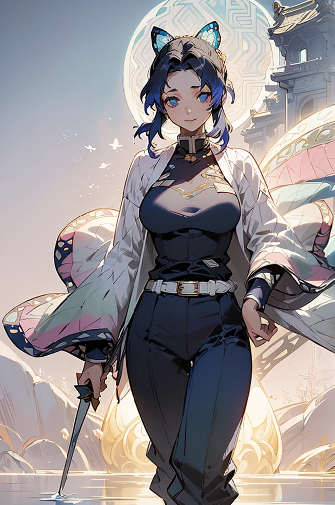 (((beautiful))),Mary,Blue sweater, White jacket, Cropped jacket, Long sleeve, Open clothes, Ribbed sweater, Armband, Huge breasts,(((Glowing Skin))), ((Intricate details)), High resolution, ((Intricate details, Ultra-detailed)), Cinematic shots, Walking the Streets, Vignette, ((Works by Alfonso Mucha))