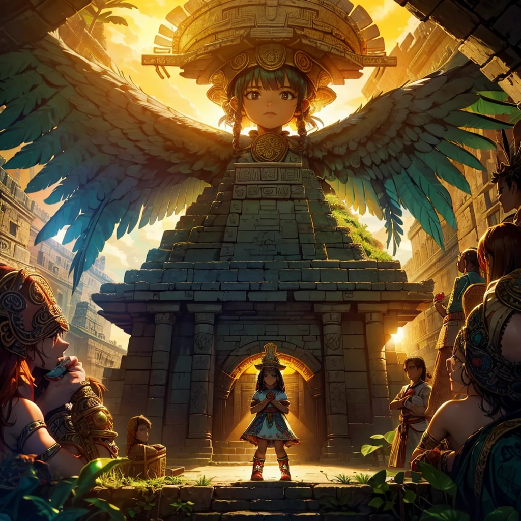 Childish,  high quality、Very detailed、８Year、Mayan Aztec young priestess、Flying Feathered Serpent（Quetzalcoatl Kukulkan）Looking up at the sky and offering prayers、Chichen Itza Temple of the Sun in the Forest、mysterious、