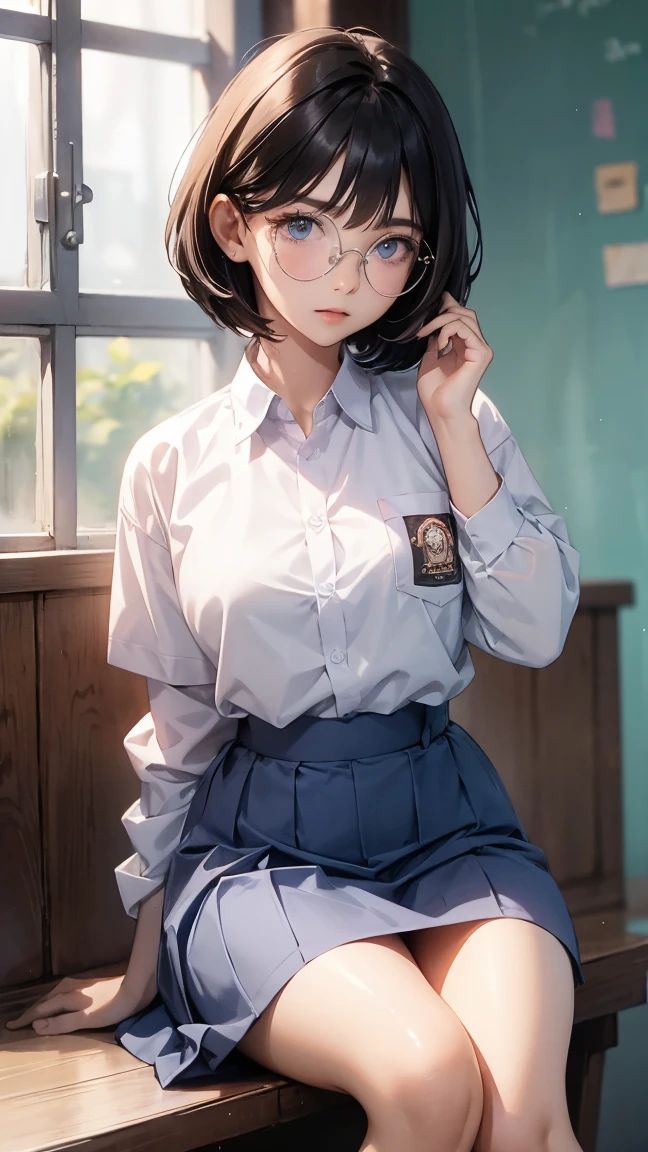 Best quality, 1 woman, 17 years old, (short bob haircut, black hair), scared face expression, plump body, blue eyes, Indonesian high-school uniform, (wearing transparent white shirt, long sleeves), osis logo on shirt pocket, huge XL breasts, light-grey long skirt, sitting down, seductive pose, full body shot, shy face, blush, looking_at_viewer, glasses, black-framed eyewear, in the classroom,