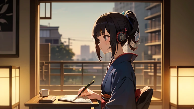 Beautiful girl studying at a desk in a room with headphones on、Warm lighting、Outside the room it is night、A pleasant breeze is blowing、Japanese anime style、kimono