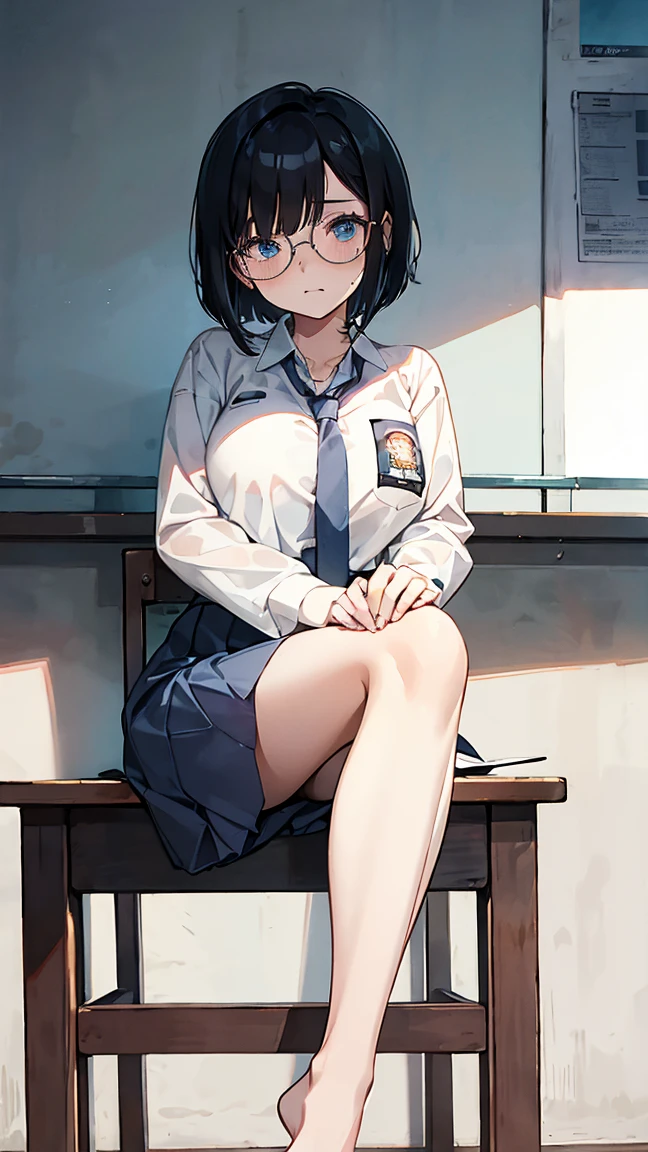 Best quality, 1 woman, 17 years old, (short bob haircut, black hair), scared face expression, plump body, blue eyes, Indonesian high-school uniform, (wearing transparent white shirt, long sleeves), osis logo on shirt pocket, huge XL breasts, light-grey long skirt,  light-grey tie, sitting down, seductive pose, full body shot, shy face, blush, looking_at_viewer, glasses, black-framed eyewear, in the classroom,