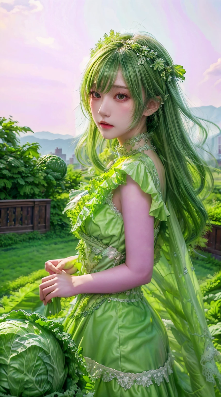 masterpiece, Very detailed, Highest image quality, 1 girl, Solitary, Long green hair, cabbage dress, Fine jewelry, outdoor,