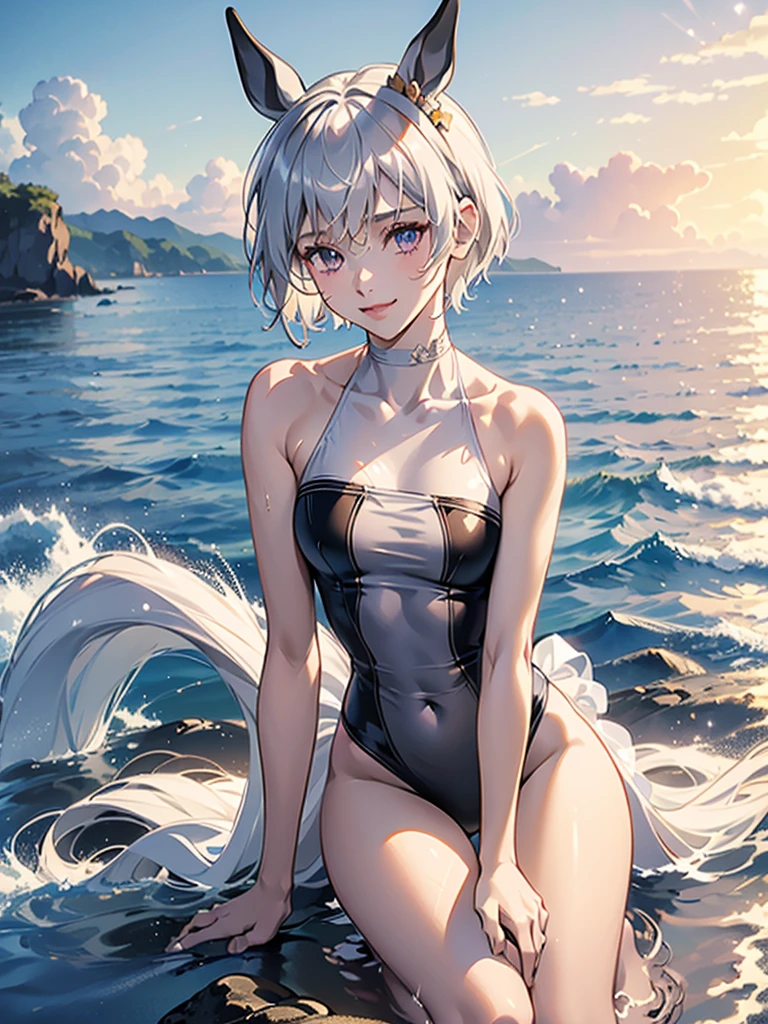 ((16k, highest quality, master piece: 1.2, super detailed, super high resolution, super detailed)), 1 girl, CurrenChan \(umamusume\), White hair, short hair, black horse earste,Horse tail, beautiful detailed face, beautiful detailed eyes, soft expression, slim Beautiful figure, curvaceous, Small breasts, slender arms, graceful hands, delicate fingers, slim wrists, elegant neck, bare shoulders, smooth skin, Seaside, sandy beach, Outdoors, blue sky,(Black Bikini,White one-piece swimsuit,, drenched, Wet skin)), Cute Smile:1.5,Full body