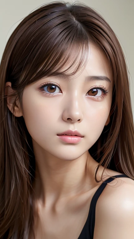 (masterpiece:1.3), (Photorealistic, RAW Photos, Highest quality: 1.4), Skinny Japanese woman, 23 years old, (One Girl), (A vivid face), Detailed face, Detailed eye resolution, (Brown hair, Fluttering Hair、Show your forehead、Long Hair:1.3), (Realistic Skin), (Black camisole), Ultra-high resolution, Surreal, High definition, 