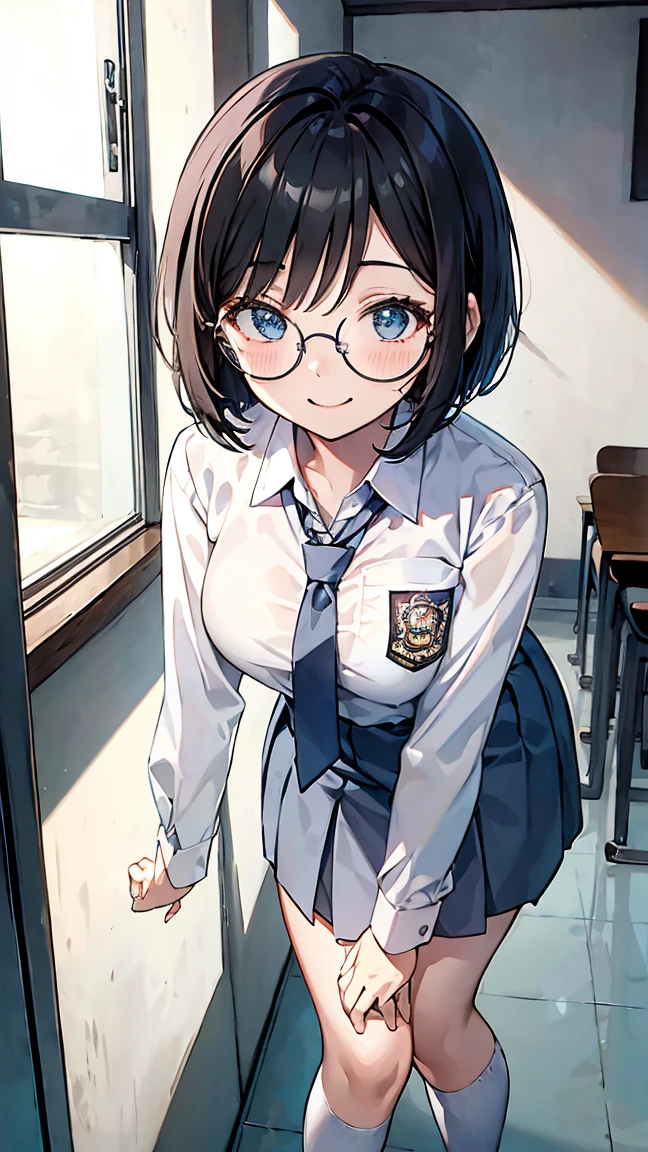 Best quality, 1 woman, 17 years old, (short bob haircut, black hair), scared face expression, plump body, blue eyes, Indonesian high-school uniform, (wearing transparent white shirt, long sleeves), osis logo on shirt pocket, medium breasts, light-grey long skirt, light-grey tie, over knee socks, standing pose, full body shot, happy face, smiling, blush, looking_at_viewer, glasses, black-framed eyewear, in the classroom,