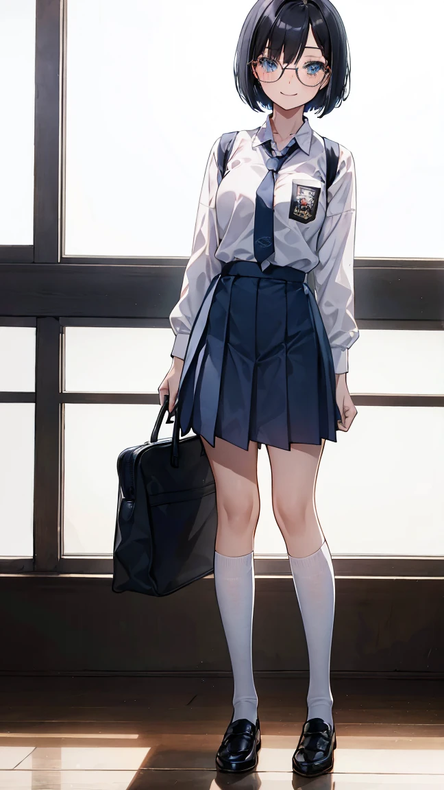 Best quality, 1 woman, 17 years old, (short bob haircut, black hair), scared face expression, plump body, blue eyes, Indonesian high-school uniform, (wearing transparent white shirt, long sleeves), osis logo on shirt pocket, medium breasts, light-grey long skirt, light-grey tie, over knee socks, standing pose, full body shot, happy face, smiling, blush, looking_at_viewer, glasses, black-framed eyewear, in the classroom,