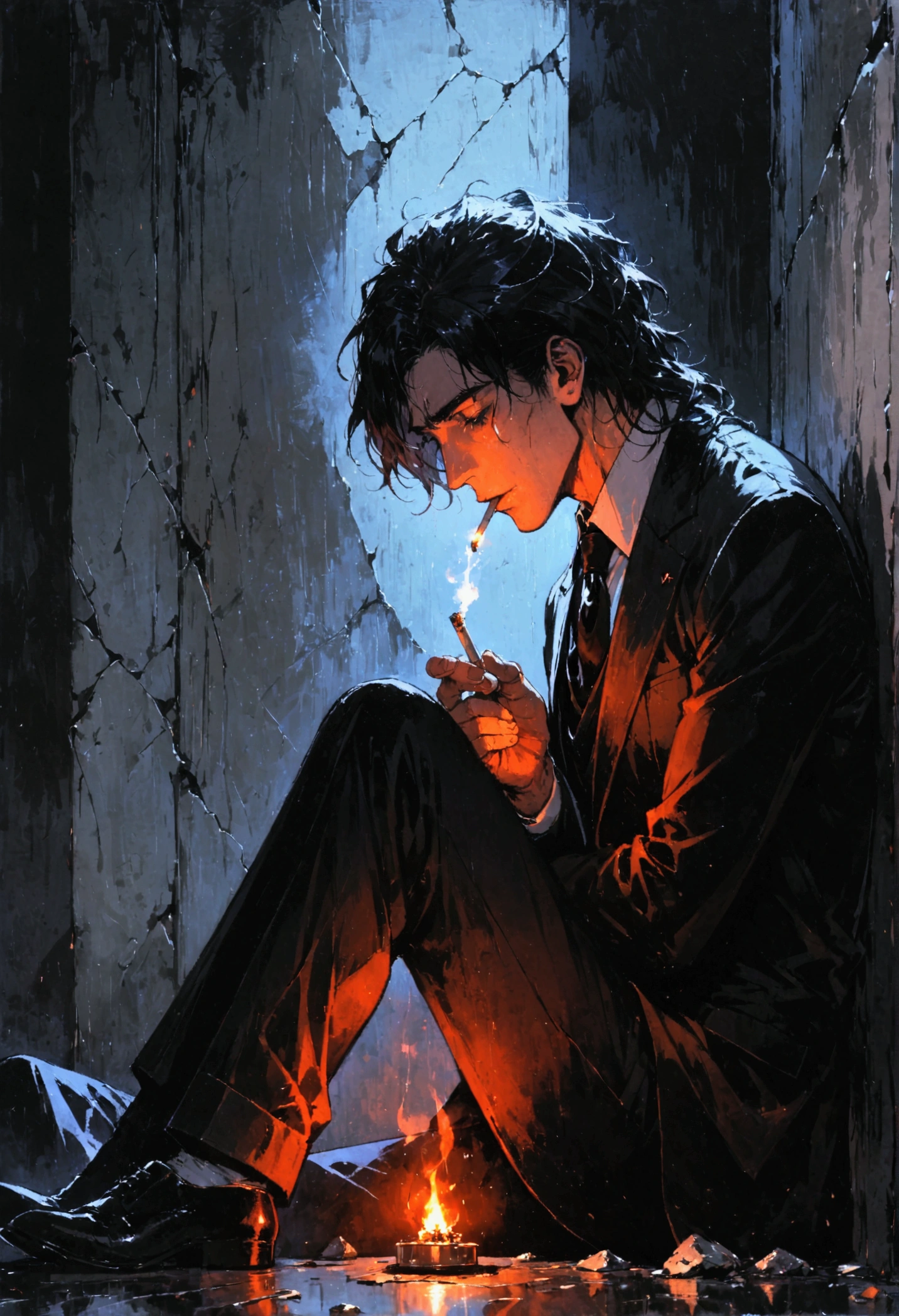 Constantine, man sitting on the floor,lighting a cigarette,lighter fire, dressed in a suit, black tie, broken glass on the floor, leaning against a wall, dark and gloomy scene