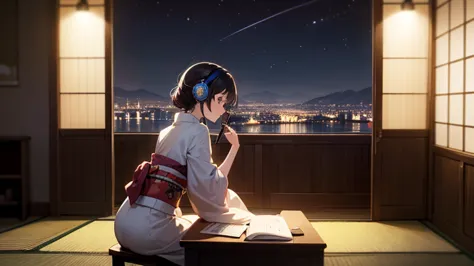 beautiful girl studying at a desk in a room with headphones on、warm lighting、outside the room it is night、a pleasant night breez...