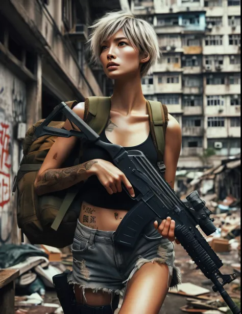 Photorealistic、Realistic skin texture、Automatic rifle、scratch