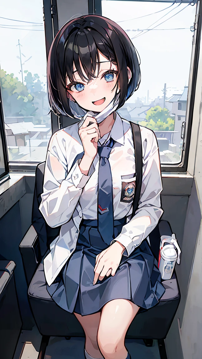 Best quality, 1 woman, 17 years old, (short bob haircut, black hair), scared face expression, plump body, blue eyes, Indonesian high-school uniform, (wearing transparent white shirt, long sleeves), osis logo on shirt pocket, medium breasts, light-grey long skirt, light-grey tie, over knee socks, standing pose, full body shot, happy face, smiling, blush, looking_at_viewer, glasses, black-framed eyewear, wear a mask, (white surgical mask, surgical mask fit his face, mask_pull), in the classroom,