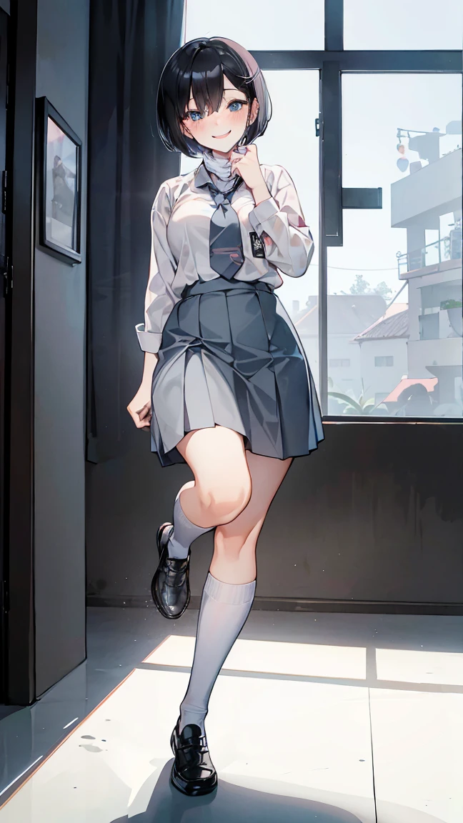 Best quality, 1 woman, 17 years old, (short bob haircut, black hair), scared face expression, plump body, blue eyes, Indonesian high-school uniform, (wearing transparent white shirt, long sleeves), osis logo on shirt pocket, medium breasts, light-grey long skirt, light-grey tie, over knee socks, standing pose, full body shot, happy face, smiling, blush, looking_at_viewer, glasses, black-framed eyewear, wear a mask, (white surgical mask, surgical mask fit his face, mask_pull), in the classroom,