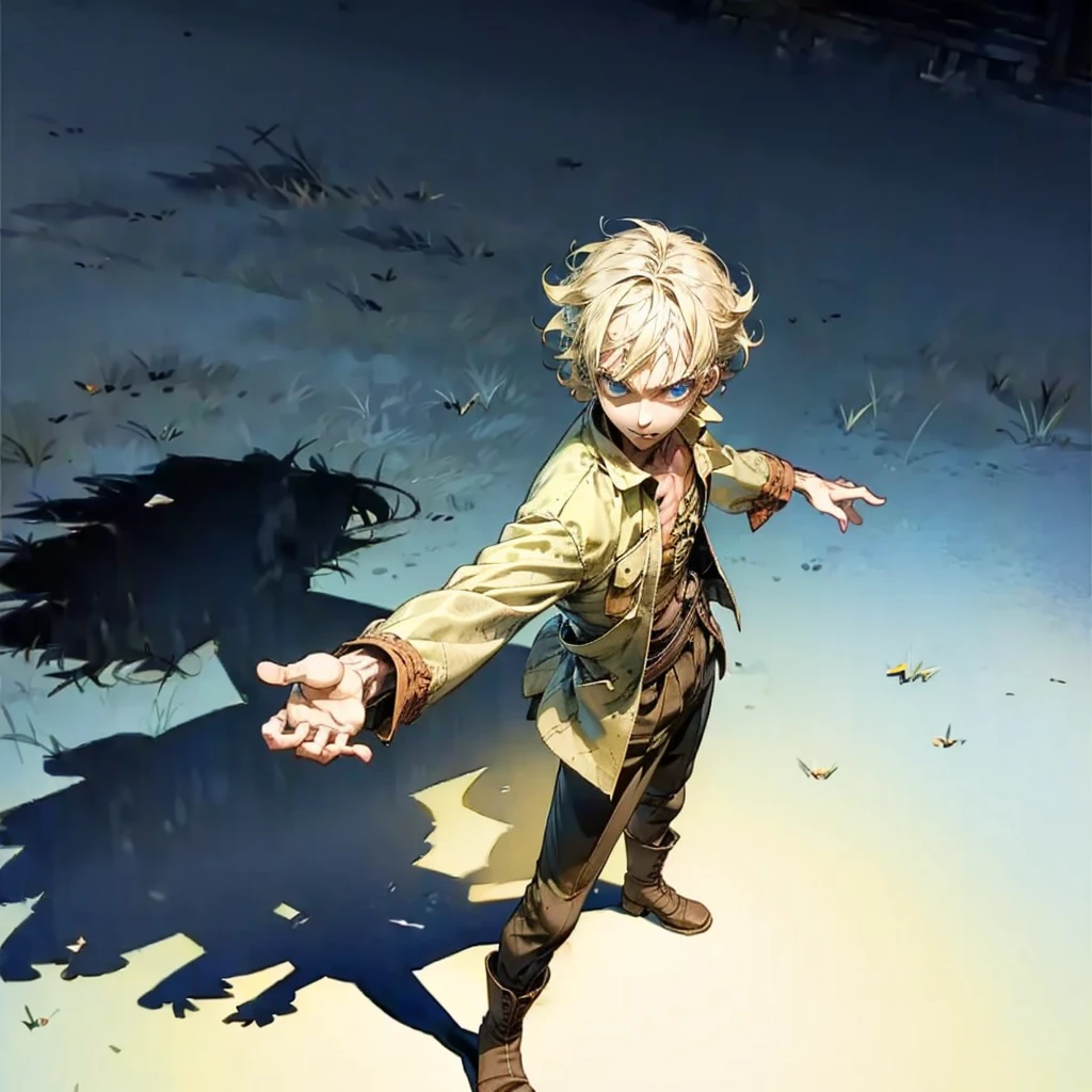 Grassroot, white simple background, Full body version, shadow, standing gesture, (one piece style art), boy, blue eyes, blonde colour hair, short Curly haircut, vintage clothing style, boots, Beretta hat, high angle view 