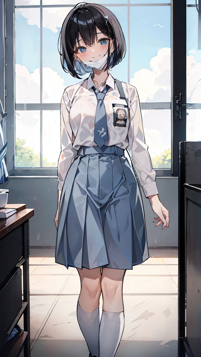 Best quality, 1 woman, 17 years old, (short bob haircut, black hair), scared face expression, plump body, blue eyes, Indonesian high-school uniform, (wearing transparent white shirt, long sleeves), osis logo on shirt pocket, medium breasts, light-grey long skirt, light-grey tie, over knee socks, standing pose, full body shot, shy face, smiling, blush, looking_at_viewer, glasses, wear a mask, (white surgical mask, surgical mask fit his face, mask_pull), in the classroom,