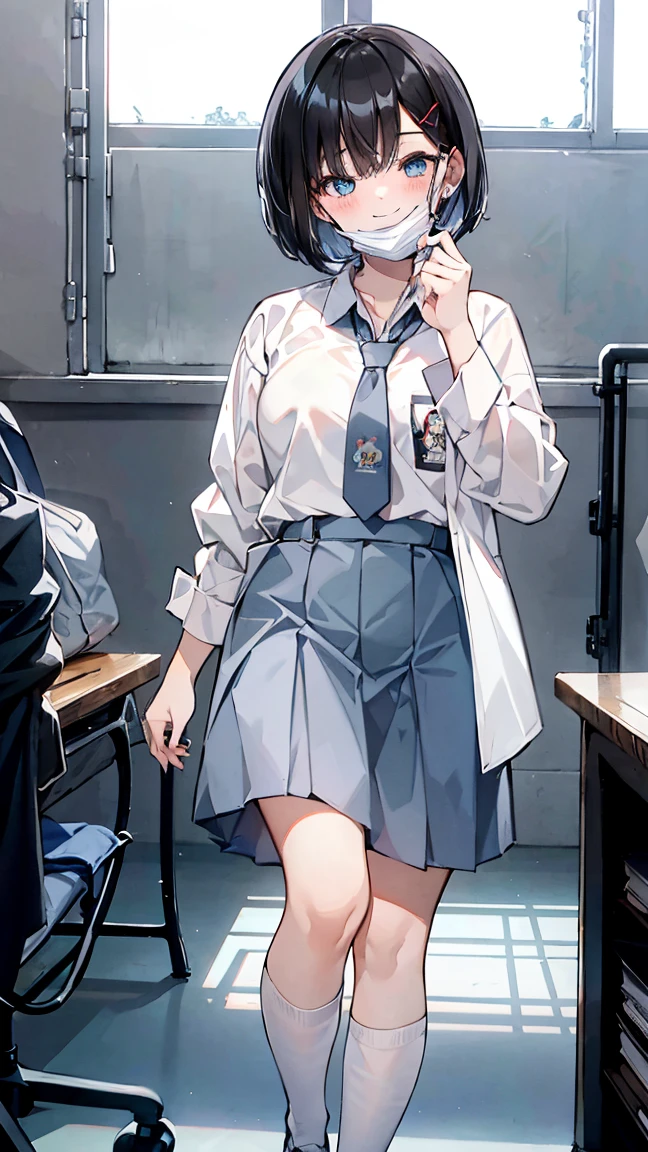 Best quality, 1 woman, 17 years old, (short bob haircut, black hair), scared face expression, plump body, blue eyes, Indonesian high-school uniform, (wearing transparent white shirt, long sleeves), osis logo on shirt pocket, medium breasts, light-grey long skirt, light-grey tie, over knee socks, standing pose, full body shot, shy face, smiling, blush, looking_at_viewer, glasses, wear a mask, (white surgical mask, surgical mask fit his face, mask_pull), in the classroom,