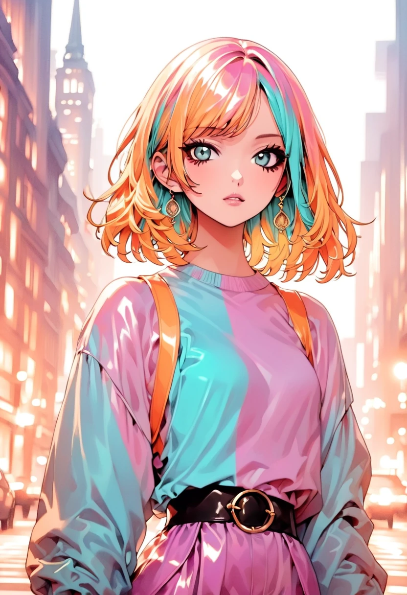 (Highest quality:1.2, City Pop Style, Very detailed, Latest, Vibrant, High Contrast, masterpiece:1.2, Highest quality, Best aesthetics), girl, ((Face Up Shot:1.4)), Colorful Hair, Bobcut, pastel colour, 1980s style, ((Retro, Vintage, Plain background)),With an old cassette tape、Cassette tape facing forward,