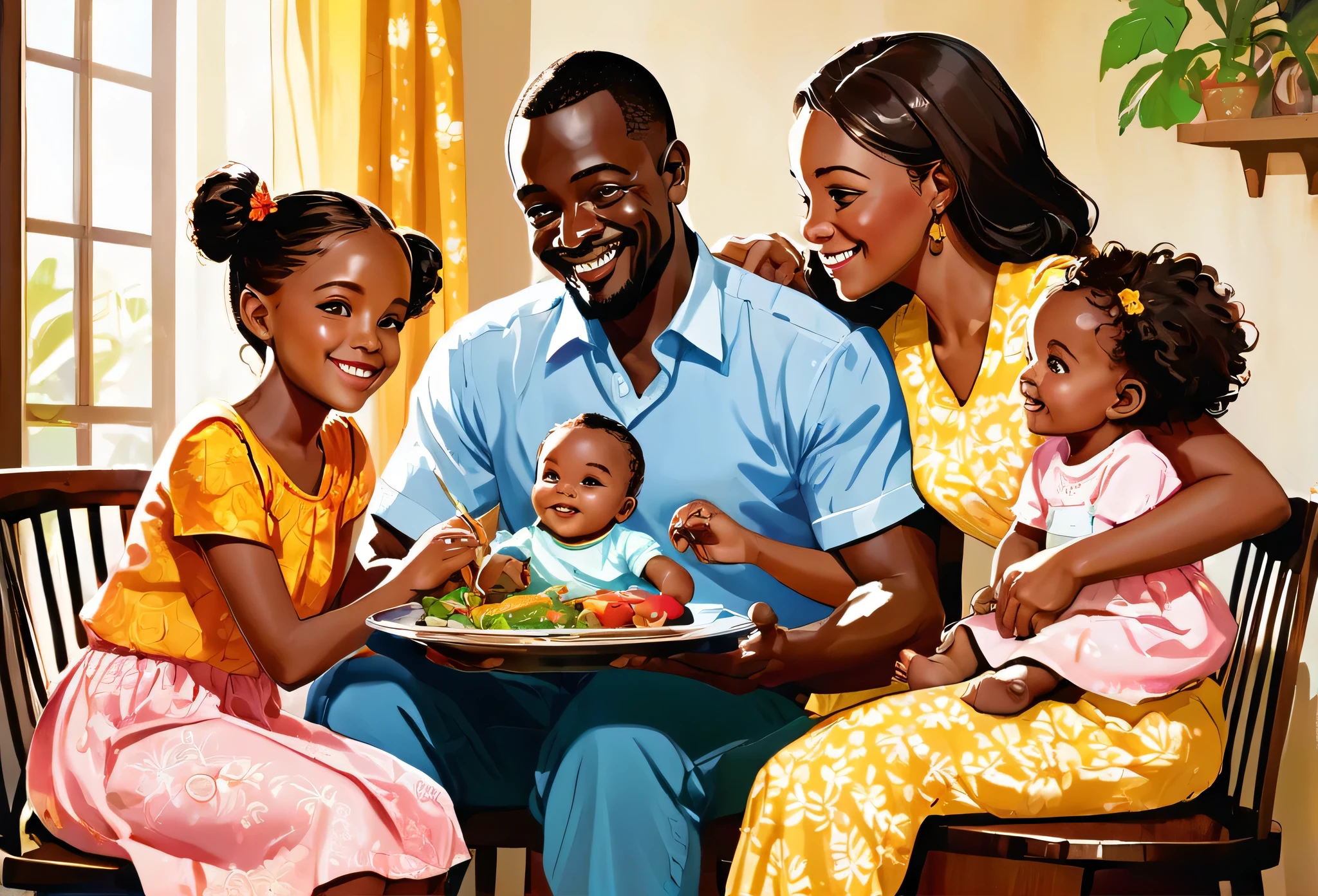 A famille of 5, père, mère, un garçon de cinq ans, une fille de treize ans, and a one year old baby girl on the mère's lap, assis dans la salle à manger,  Discuter, souriant, famille, tenue décontractée,  intérieur. 
africain (chef-d&#39;œuvre de la meilleure qualité:1.2) illustration délicate ultra détaillée, illustrations, brillant, coloré, 