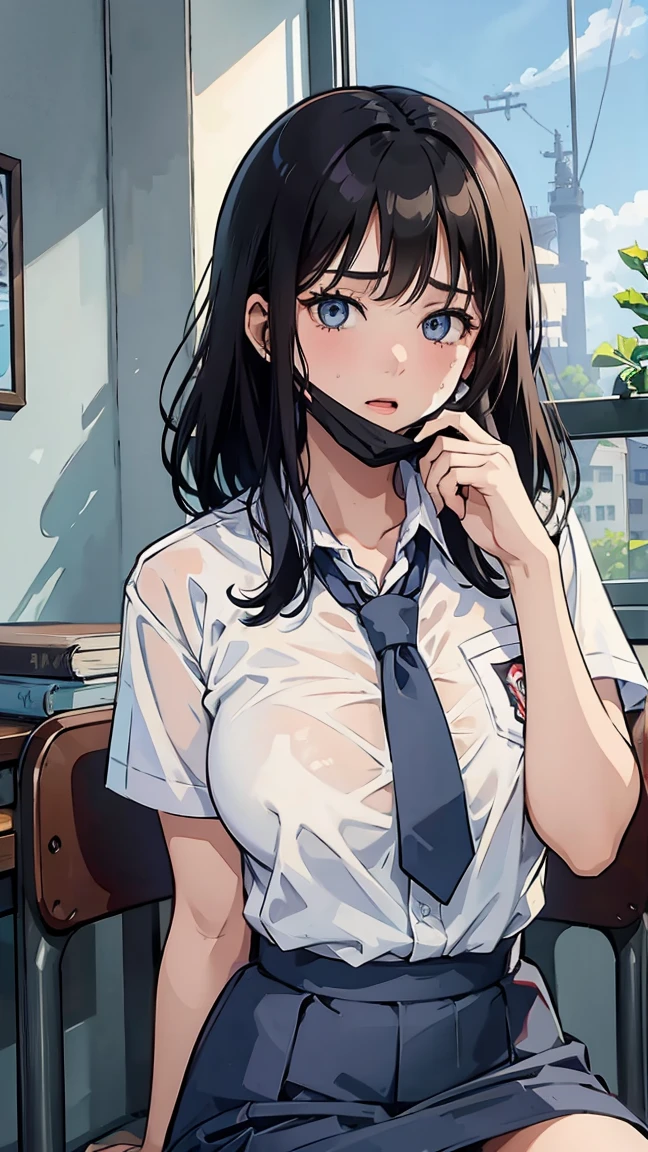 1 woman, 17 years old, (long haircut, black hair), scared face expression, plump body, blue eyes, Indonesian high-school uniform, (wearing transparent white shirt, showing bra), osis logo on shirt pocket, huge XL breasts, light-grey pleated skirt, sitting down, seductive pose, full body shot, blush, shy face, looking_at_viewer, wear a mask, surgical mask fit his face, mask_pull, in the classroom,