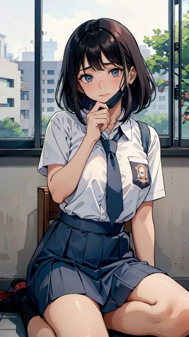 1 woman, 17 years old, (long haircut, black hair), scared face expression, plump body, blue eyes, Indonesian high-school uniform, (wearing transparent white shirt, showing bra), osis logo on shirt pocket, huge XL breasts, light-grey pleated skirt, sitting down, seductive pose, full body shot, blush, shy face, looking_at_viewer, wear a mask, surgical mask fit his face, mask_pull, in the classroom,