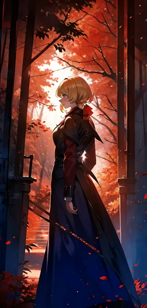 Blonde woman，Long coat，Rear View，silhouette，Red Forest，Red Moon，Red Night，
