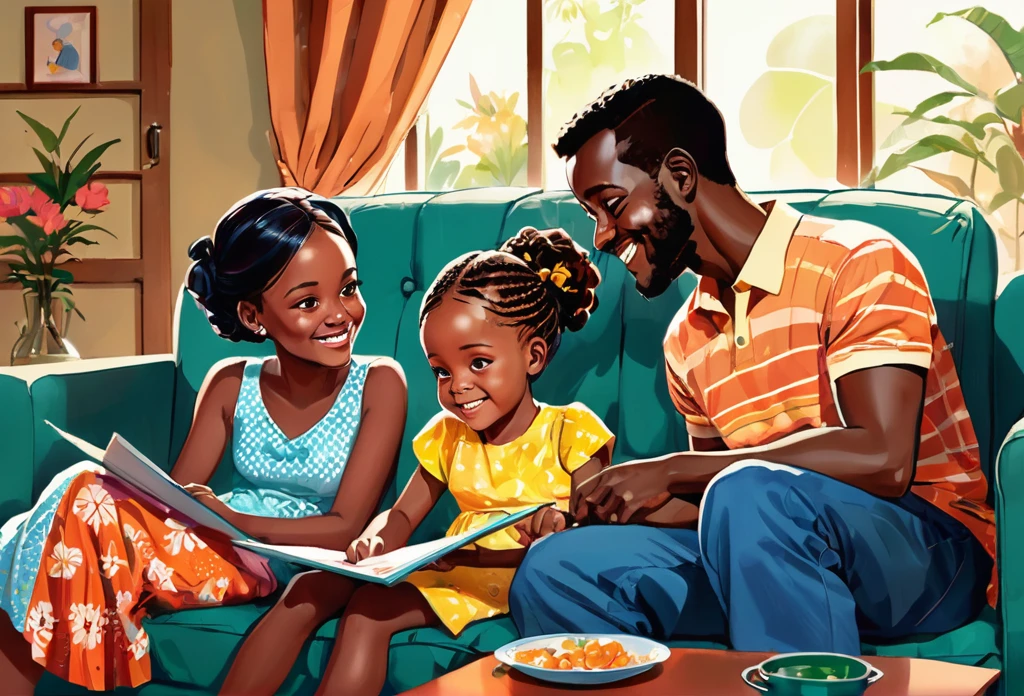 A famille of 5, père, mère, un garçon de six ans, une fille de treize ans, and a one year old baby girl on her mère's lap, assis sur un canapé ensemble, Discuter, souriant, famille, tenue décontractée,  intérieur. 
africain (chef-d&#39;œuvre de la meilleure qualité:1.2) illustration délicate ultra détaillée, illustrations, brillant, coloré, 