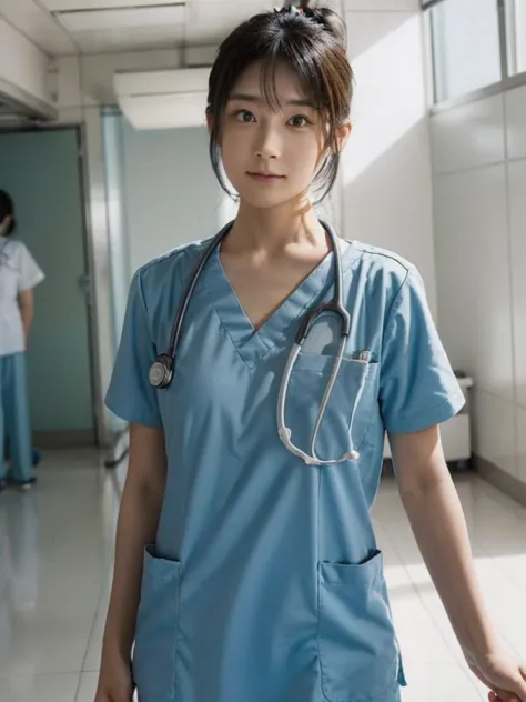 girl, alone, Bun Hair, Medical scrub、White scrub、Female nurse、Hold in hand、Short sleeve、Long trousers、Name tag, (ID card)、strap,...