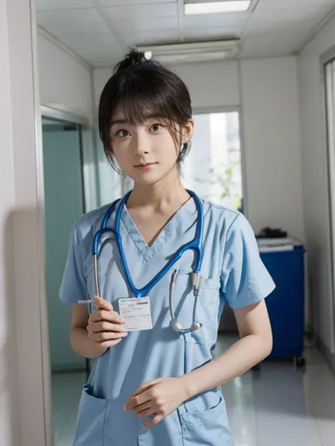 girl, alone, Bun Hair, Medical scrub、White scrub、Female nurse、Hold in hand、Short sleeve、Long trousers、Name tag, (ID card)、strap,...