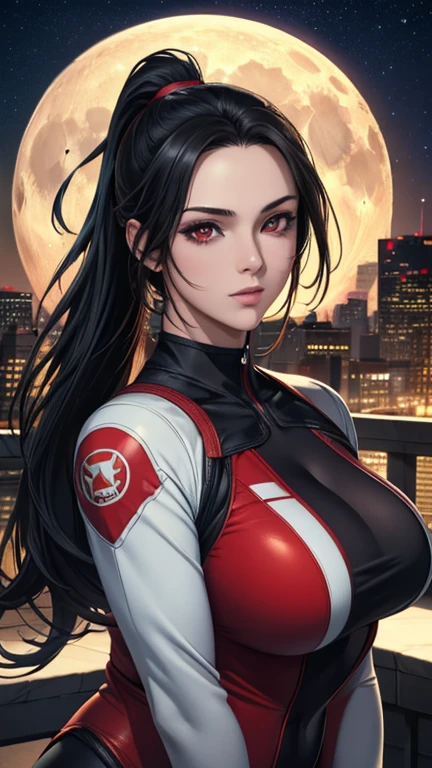 red eyes, (highest quality, masterpiece painting:1.3), immature woman, 16 years old, (half body shot), masterpiece, ultra high resolution, (Photoreal:1.0), black hair, ponytail, straight hair, beautiful shining hair, white and shining skin, ((Ultra realistic details)), octane rendering, highly detailed face, (big breasts:0.8), complete pilotsuit, adjusted pilotsuit, (red pilotsuit),cleavage, perfect body, soft skin, anime face, perfect face, perfect eyes, looking at the viewer, smart, deep in the night, Moon Night, The rooftop of a building overlooking the city, Night sky with the moon shining, photon mapping, Radio City, ((fantastic night)), ((outdoors)), sharp focus, intricate details, professional artwork, (bright colors:1.1), bright colors, diffused lighting, digital blending, ultra-definition body, ultra detail hair, super detailed face, that&#39;It&#39;s trending on pixiv, top button open, Cute gaze, compensate, perfect lips, perfect compensate, Ultra-precision coating,  (glare :1.0)