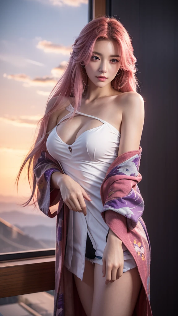 shenzi,1girl,long hair,pink hair,purple eyes,very long hair,hair_ornament,pink kimono ((cowboy shot)), ((Bare shoulder)), ((Short hemlines, sexy long legs)), realistic detailed photo of a giant breasted girl with exposed shoulders, detailed fingers, high quality skin, red eyes, alone in a winter scene with clouds, wind, and flowing hair, (best quality,4k,8k,highres,masterpiece:1.2),ultra-detailed,(realistic,photorealistic,photo-realistic:1.37),studio lighting,vivid colors