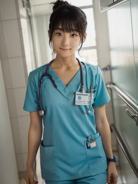 girl, alone, Bun Hair, Medical scrub、White scrub、Female nurse、Hold in hand、Short sleeve、Long trousers、Name tag, (ID card)、strap,...