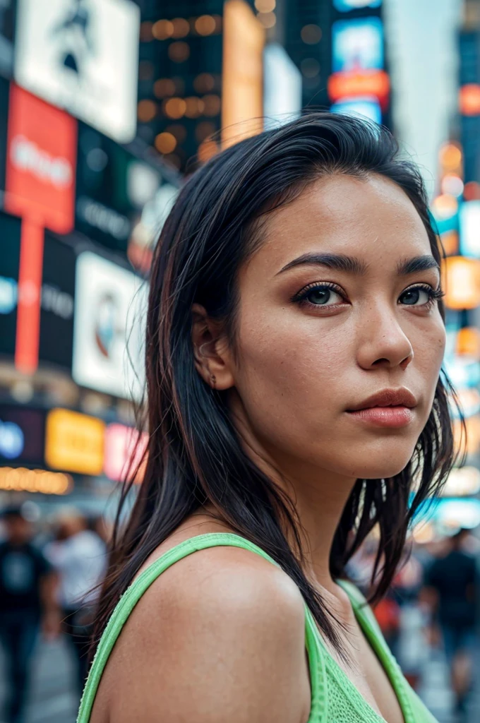 1 female king black hair and light green eyes detailed face time square detailed background, sci-fi, inside high school,