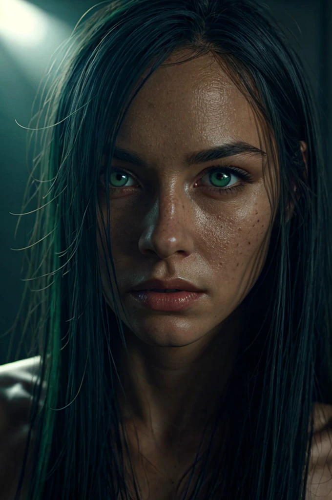 35mmm, movie scene, sci-fi,1 female with long black hair and light green eyes detailed face,detailed background, sci-fi, inside high school, lighting dark green haze and dark blue