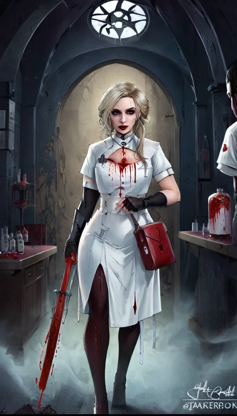 a picture of vampire nurse in a dark hospital, goth hospital, exquisite beautiful nurse, ((full body shot: 1.5)), ((anatomically correct: 1.5)), (ultra detailed face: 1.2), pale skin, dynamic hair style, dynamic hair color, wearing white silk nurse, small cleavage, robes, white skirt,(holding blood transfusion bag: 1.3), BloodSoakedAI,  goth hospital background, dark fantasy art, goth art, Hyperrealism style, vibrant, Ultra-high resolution, High Contrast, (masterpiece:1.5), highest quality, Best aesthetics), best details, best quality, highres, ultra wide angle, 16k, [ultra detailed], masterpiece, best quality, (extremely detailed) RAW, BloodSoakedAI, Hyperrealism style