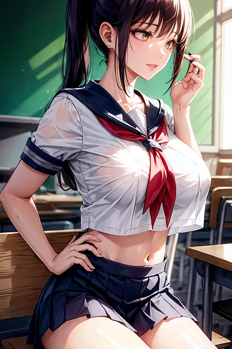 makima (chainsaw man), woman, sexy woman, mature female, mommy, sharp eyes, detailed lips, big breast, short sleeves sailor unif...